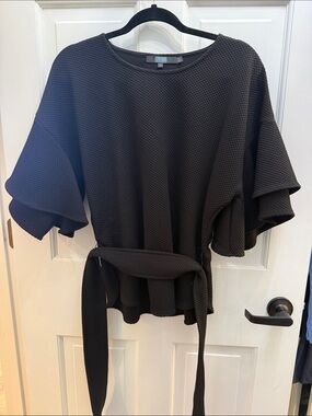 Eva Franco Black Textured Belted Flutter-Sleeve Top
